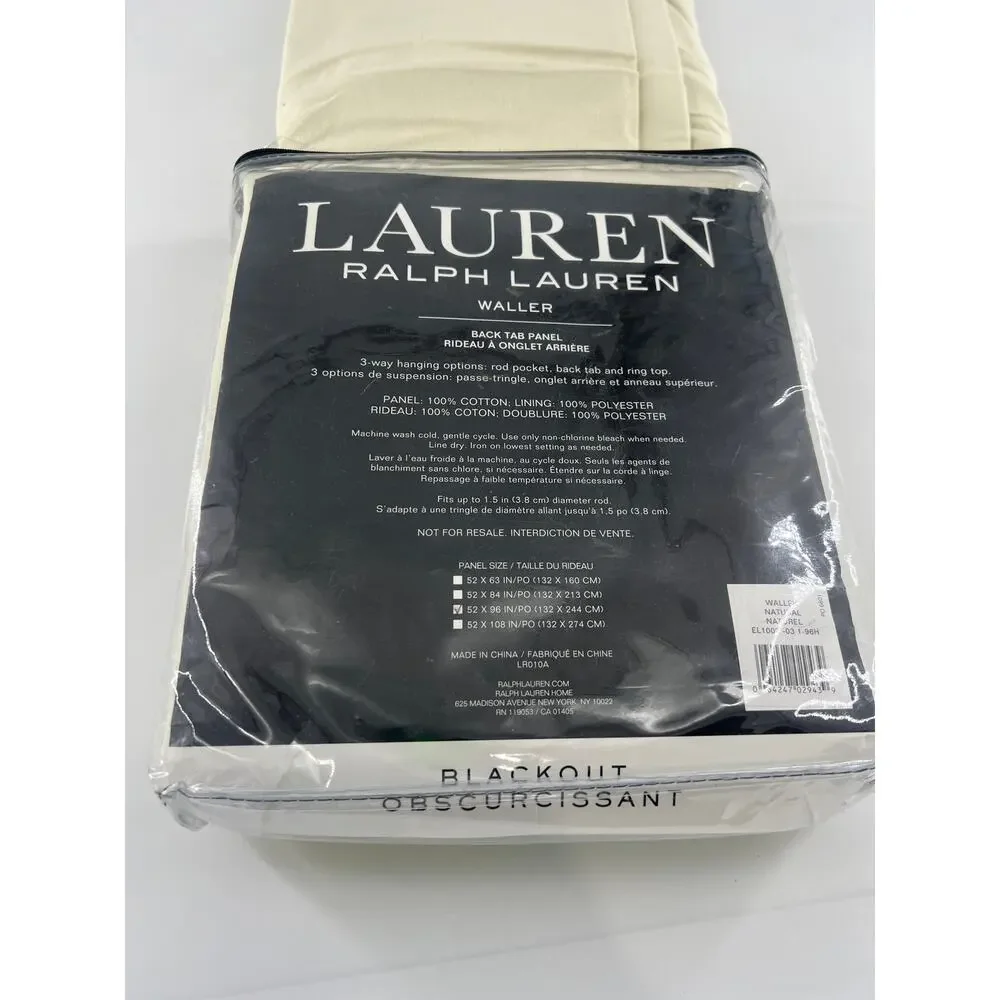 Ralph Lauren Waller Back Tab Panel Blackout Curtain  52 x 96 Natural Tan New